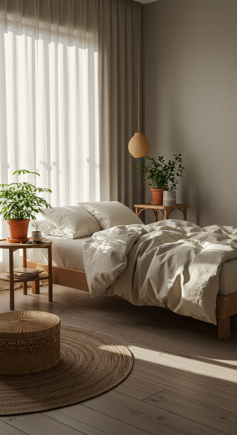 Earthy Japandi Bedroom Sanctuaries - A serene and earthy Japandi bedroom featuring a low wooden bed frame with linen bedding in muted cream tones. Sunlight streams through sheer linen curtains, illuminating a woven rug on a lightly stained wooden floor. Natural elements are prominent, including potted plants on a simple bedside table and a bamboo storage basket. The walls are a soft, warm gray, and subtle imperfections like slightly uneven wood grain and minor wrinkles in the bedding add to the realistic, lived-in feel of the space.