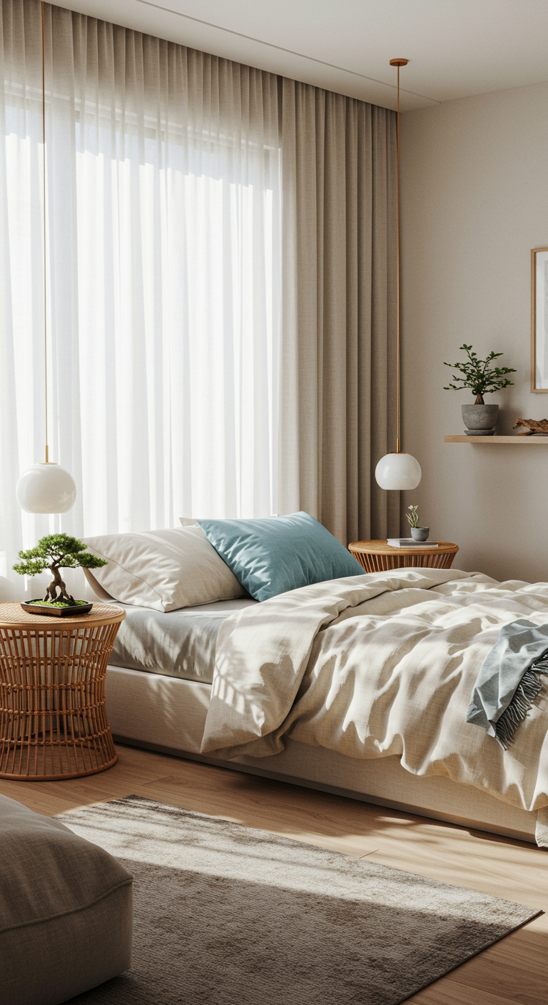 Coastal Japandi Bedroom Vibes - Highly detailed, photorealistic image of a Coastal Japandi bedroom. The room features a light color palette with white walls, cream-colored linen bedding on a low platform bed, and soft blue accents in the throw pillows. Natural light streams through sheer curtains, illuminating rattan bedside tables with minimalist lamps. A few carefully placed plants, including a small bonsai and a potted succulent, add a touch of nature, while a piece of driftwood rests subtly on a shelf.