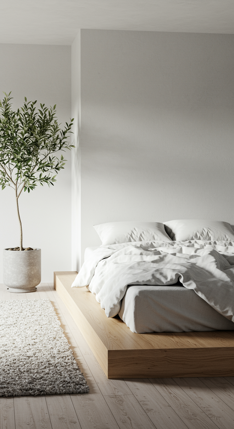 Minimalist Japandi Bedroom Oasis - A minimalist Japandi bedroom oasis featuring a low platform bed with a simple white linen duvet, subtly wrinkled. The color palette consists of whites, grays, and light wood tones, with a single potted olive tree casting a soft shadow. Clean lines dominate the space, with a focus on natural textures and a slightly uneven, hand-knitted wool rug partially visible under the bed.