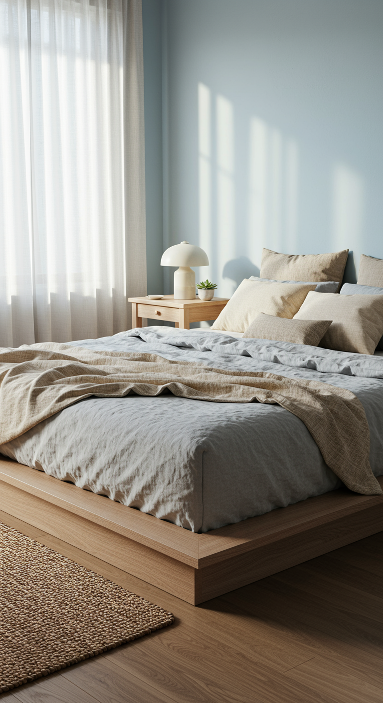 Japandi-Inspired Sleep Havens - A serene Japandi bedroom featuring a low platform bed with a light gray linen duvet and several soft, textured pillows in muted beige and cream tones. Natural light streams through sheer curtains, illuminating a minimalist nightstand made of light wood with a small ceramic lamp and a single potted succulent. The walls are painted a calming pale blue, and a woven jute rug lies on the hardwood floor. Subtle imperfections like a slightly wrinkled blanket and a small scratch on the nightstand add to the realistic, lived-in feel of the space.
