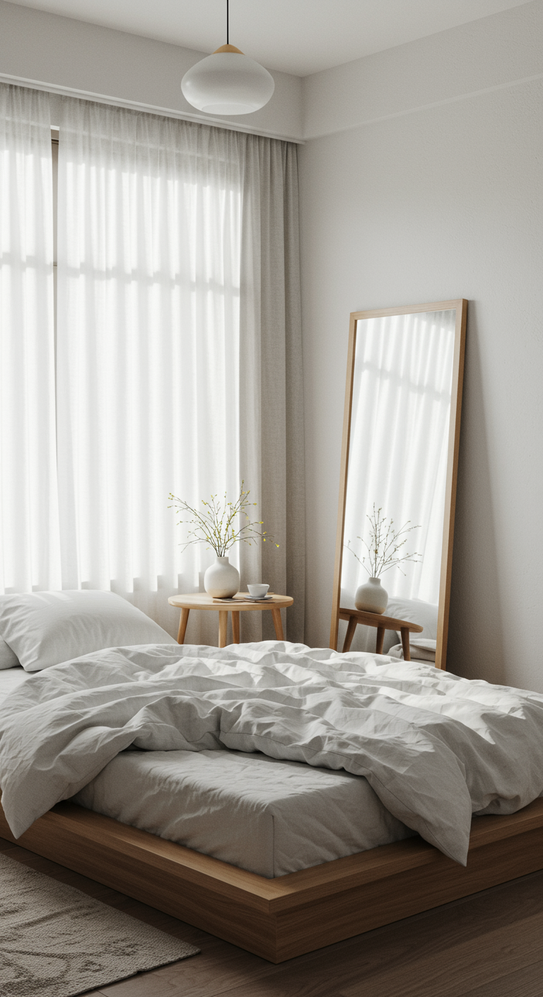 Airy Japandi Bedroom Themes - A bright and airy Japandi bedroom featuring a large window with sheer linen curtains allowing natural light to flood the space. The room is minimally furnished with a low platform bed dressed in white linen bedding, a light wood nightstand with a small ceramic lamp, and a large rectangular mirror leaning against the wall. Subtle imperfections like slightly wrinkled bedding and a few dust particles in the air enhance the realism. The color palette consists of whites, creams, and light grays, creating a serene and uncluttered atmosphere.