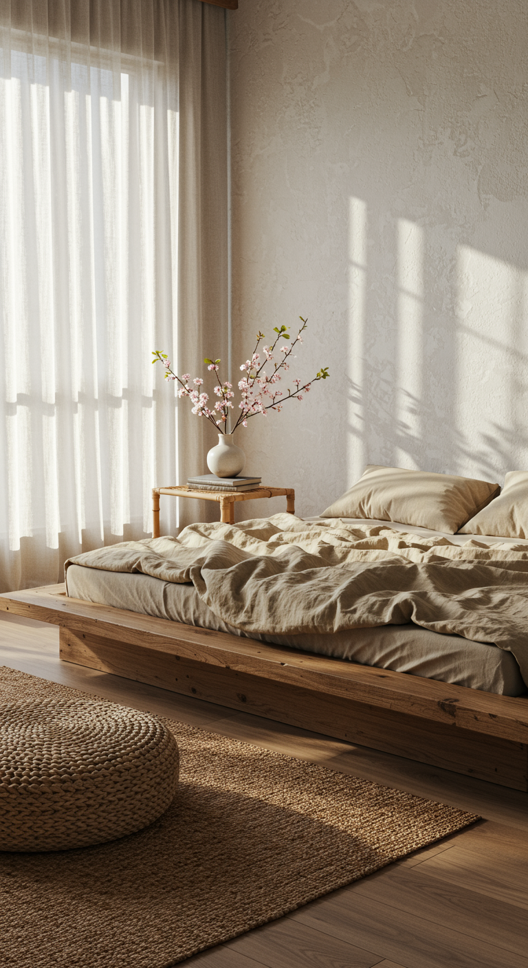 Sustainable Japandi Bedrooms - A sun-drenched Japandi bedroom featuring a low platform bed crafted from reclaimed wood, dressed in organic linen bedding in natural tones. The room is sparsely decorated with a few carefully chosen items: a hand-woven jute rug, a single ceramic vase holding a sprig of cherry blossoms, and a small stack of books on a bedside table made from bamboo. Light streams through sheer linen curtains, illuminating dust motes in the air and casting soft shadows on the textured, off-white walls, subtly revealing slight imperfections in the plaster.