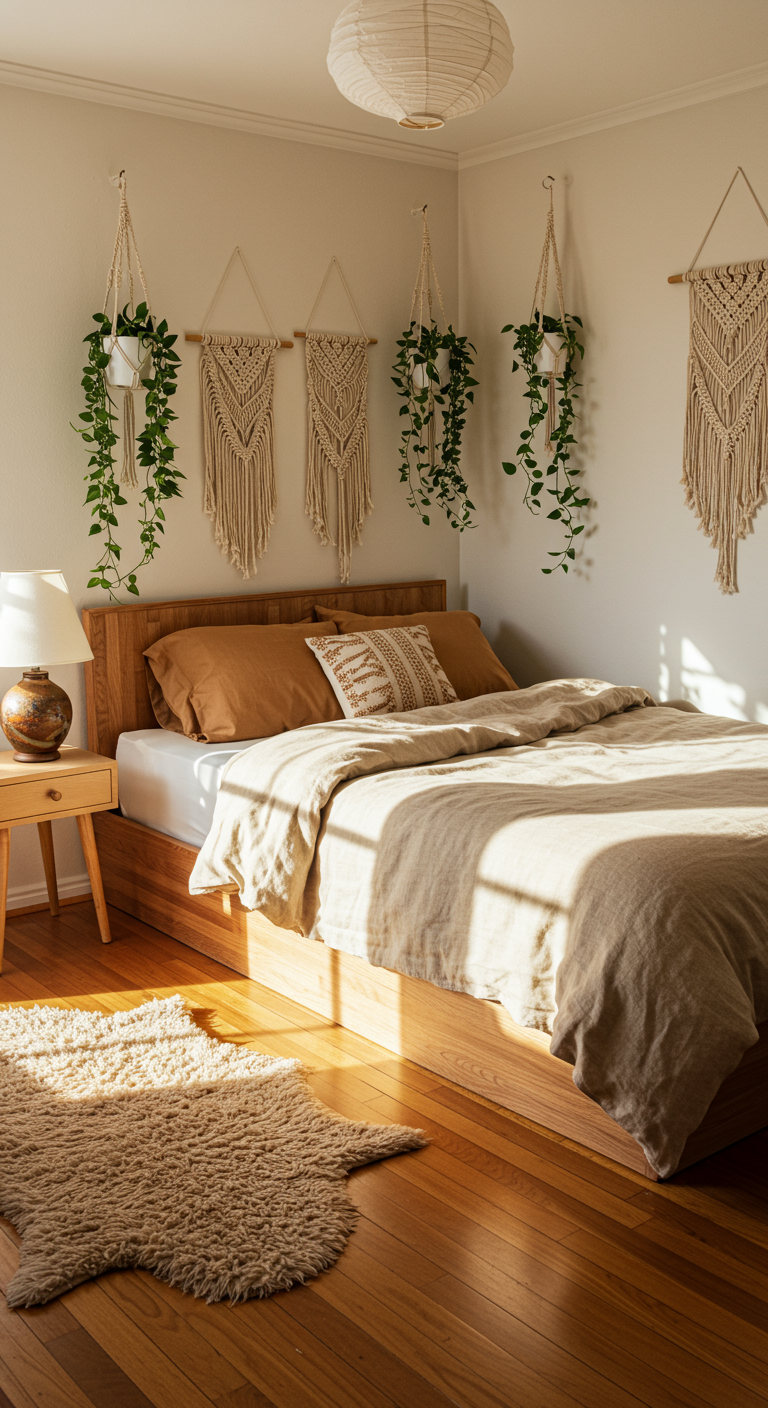 Boho Japandi Bedroom Nests - A sun-drenched boho Japandi bedroom featuring a low platform bed with a linen duvet cover and textured throw pillows in muted earth tones. Macrame wall hangings adorn the wall above the bed, flanked by hanging planters with trailing greenery. A woven rug sits on the hardwood floor, partially covered by a sheepskin rug, and a small, imperfectly glazed ceramic lamp sits on a simple wooden nightstand.