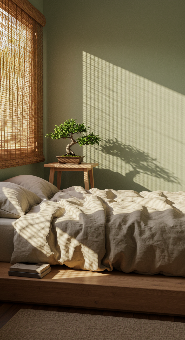Nature-Inspired Japandi Spaces - A Japandi bedroom bathed in soft, natural light, featuring a low platform bed with a linen duvet in a muted beige tone. A small potted bonsai tree sits on a nightstand crafted from light wood, next to a partially read book. The walls are painted a calming light green, and bamboo blinds filter the sunlight, casting subtle shadows across the room, with a few dust particles visible in the light beams.