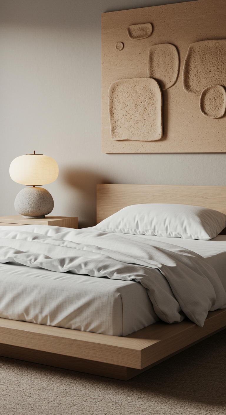 Sculptural Japandi Bedroom Visions - A Japandi bedroom featuring a minimalist aesthetic with sculptural elements. The room showcases a low platform bed with a light wood frame and crisp white linen bedding, complemented by a bedside table with a smooth, rounded stone-like lamp base. Wall art made of natural, textured clay with a subtle 3D effect hangs above the bed. The image should have soft, natural lighting with some small imperfections like dust particles in the air and slight creases in the bedding to enhance realism.