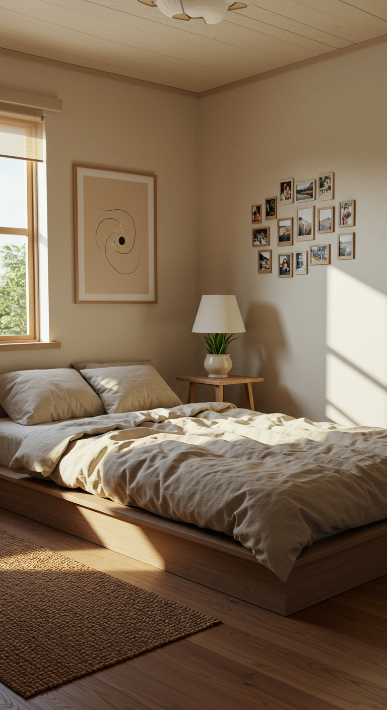 Personalized Japandi Bedrooms - A sun-drenched, personalized Japandi bedroom featuring a low platform bed with a linen duvet and several textured throw pillows. The walls are a warm, off-white, adorned with a single framed print of minimalist abstract art and a small, neatly arranged gallery wall of personal photographs. A woven jute rug sits beneath the bed, and a potted snake plant rests on a simple bedside table made of light wood, alongside a ceramic lamp with a linen shade.