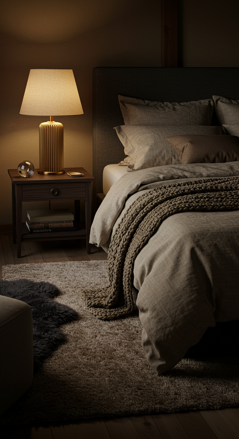 Luxe Japandi Bedroom Escapes - Ultra-realistic, high-resolution photograph of a luxe Japandi bedroom. The focus is on a king-size bed with a linen duvet cover, layered with a chunky knit blanket and several plush pillows. A dark wood nightstand displays a dimmable lamp with a textured shade, casting a warm glow. A soft, high-pile wool rug partially visible under the bed. Subtle imperfections like slight wrinkles in the bedding and minor wood grain variations on the furniture are present.