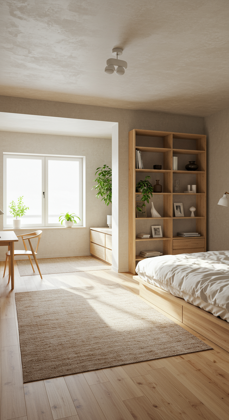 Open Concept Japandi Sleep Spaces - An open concept Japandi bedroom seamlessly transitions into a minimalist living area, separated by a tall, natural wood bookshelf filled with carefully curated objects and lush green plants. Sunlight streams through a large, unadorned window, illuminating the light wood flooring and the low platform bed with crisp white linen bedding. A slightly worn, hand-knotted rug anchors the sleeping space, while a simple, modern desk with a single chair sits near the bookshelf, suggesting a functional workspace. The overall aesthetic is clean, uncluttered, and airy, with a focus on natural materials and a muted color palette, showcasing the beauty of imperfection with a few visible wood knots and subtle texture variations in the plaster walls.