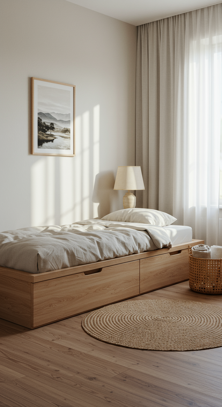 Compact Japandi Living - A compact Japandi bedroom with a low platform bed featuring integrated storage drawers, light wood flooring with subtle grain imperfections, and a minimalist bedside table holding a small ceramic lamp with a linen shade. Sheer white curtains filter soft natural light through a large window, illuminating a woven bamboo basket holding rolled-up blankets in the corner. A single, unframed artwork depicting a serene landscape hangs slightly crookedly on the pale, off-white wall, adding a touch of understated elegance. A small, round jute rug sits partially under the bed, displaying slight imperfections in its weave, contributing to the room's cozy and uncluttered atmosphere.