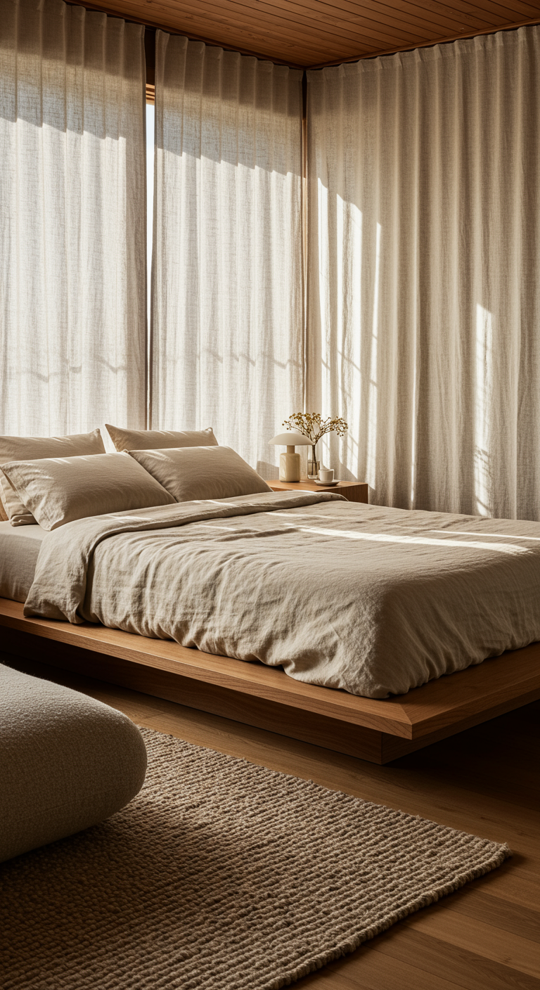 Quiet Luxury Japandi - A Japandi bedroom interior showcasing the "Quiet Luxury" aesthetic. The room features a low platform bed with a simple, handcrafted wooden frame, dressed in soft, natural linen bedding in muted neutral tones. A hand-woven wool rug in a similar color palette lies on the floor, adding subtle texture. Light streams through sheer linen curtains, illuminating the room with a soft, diffused glow, highlighting the smooth finish of the wood and the delicate drape of the fabric.