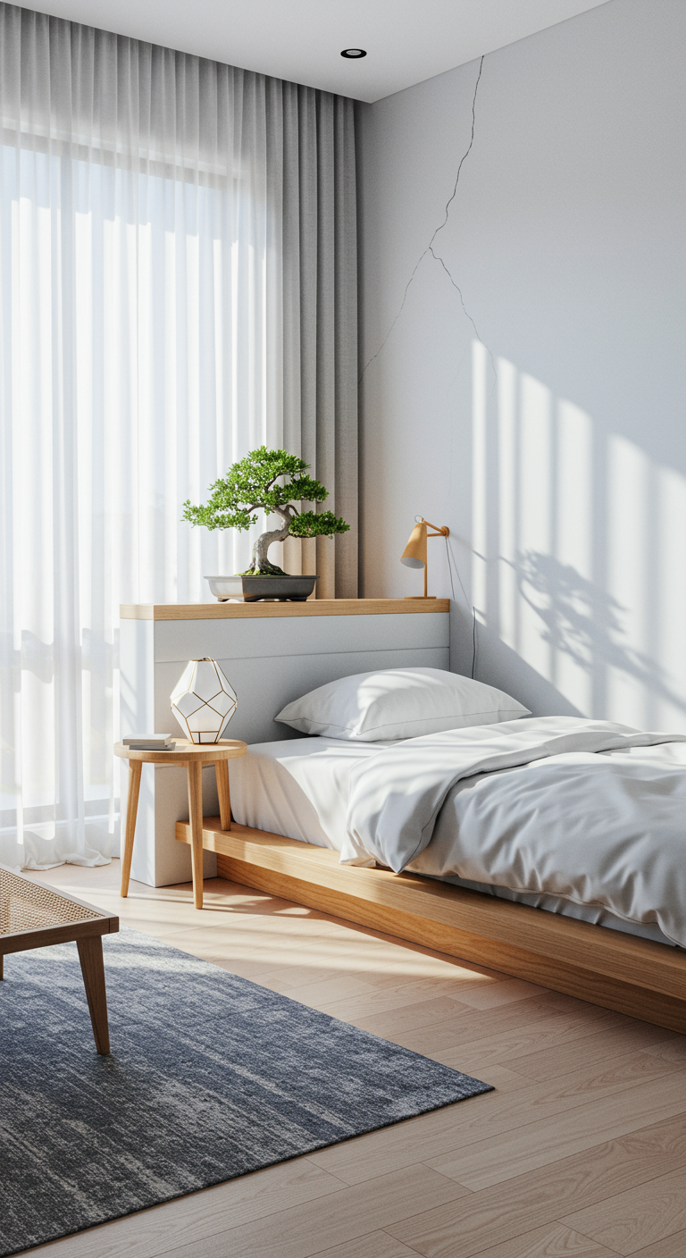 Modern Japandi Bedroom Dreams - A modern Japandi bedroom featuring a low platform bed with crisp white linens, a minimalist bedside table with a geometric lamp, and a woven rug on a light hardwood floor. The color palette consists of whites, grays, and soft blues, with natural light streaming through sheer curtains. Wooden accents are visible in the bed frame and a small bonsai tree sits on the windowsill, subtly casting shadows on the wall. A slight imperfection is visible on the wall, with a small crack near the ceiling, adding a touch of realism.