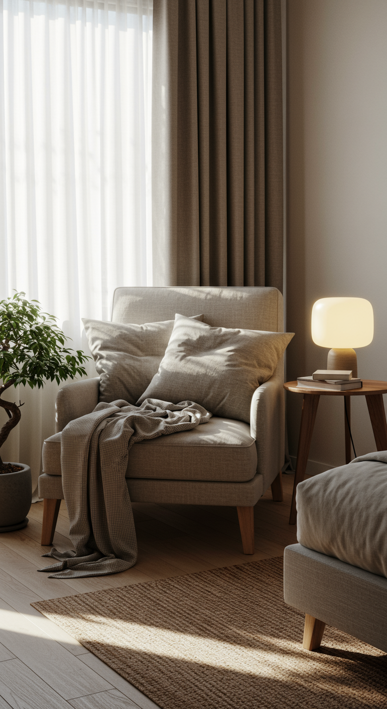 Japandi Reading Nook Bedrooms - A sun-drenched Japandi reading nook in a bedroom, featuring a low, linen-upholstered armchair angled towards a window with sheer curtains. A small, round wooden side table holds a stack of books and a minimalist ceramic lamp with a warm, diffused glow. A soft, textured wool blanket is draped over the chair, accompanied by two linen pillows in muted gray and beige tones. The floor is light wood, partially covered by a natural fiber rug, with a small potted bonsai tree nearby, its leaves slightly dusty.