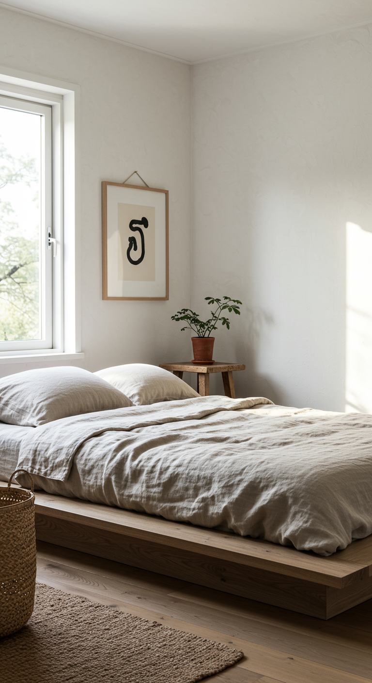 Serene Japanese-Nordic Bedrooms - A serene Japandi bedroom featuring a low platform bed with soft, neutral-colored linen bedding. Natural light streams through a large window, illuminating the lightly textured white walls and a woven basket in the corner. A simple, minimalist artwork hangs above the bed, and a small potted plant sits on a weathered wooden nightstand, showcasing the beauty of imperfection and natural materials.