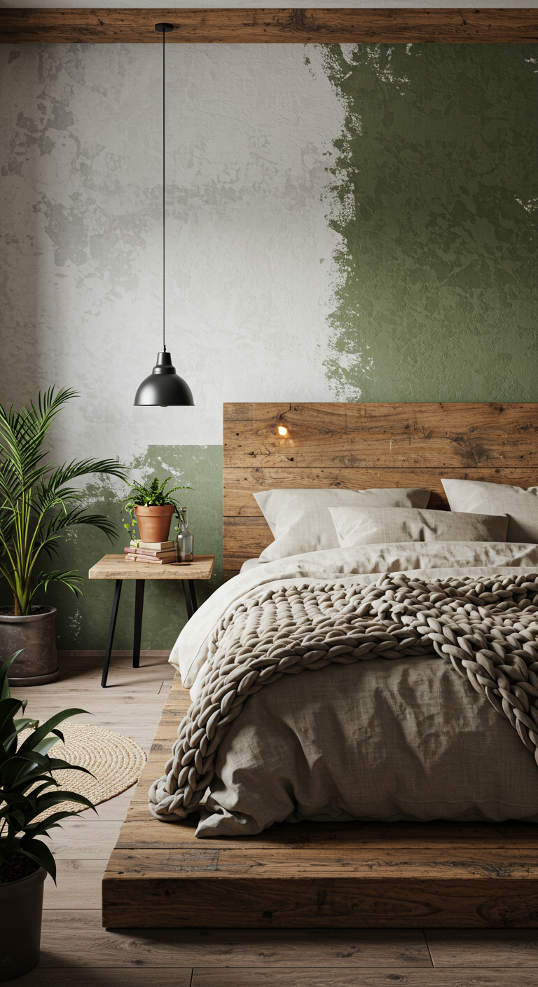 Rustic Japandi Bedroom Retreats - A highly detailed, photorealistic image of a Rustic Japandi bedroom. The room features a low platform bed with a chunky knit blanket and linen bedding in neutral tones. A wooden headboard with visible natural grain adds a rustic touch, while simple bedside tables flank the bed, each with a minimalist lamp. Potted plants are strategically placed to bring the outdoors in, and soft, warm lighting illuminates the space, highlighting the natural textures of the wood and stone elements. The walls are a calming blend of white and earthy green, with subtle imperfections that add to the overall rustic charm.