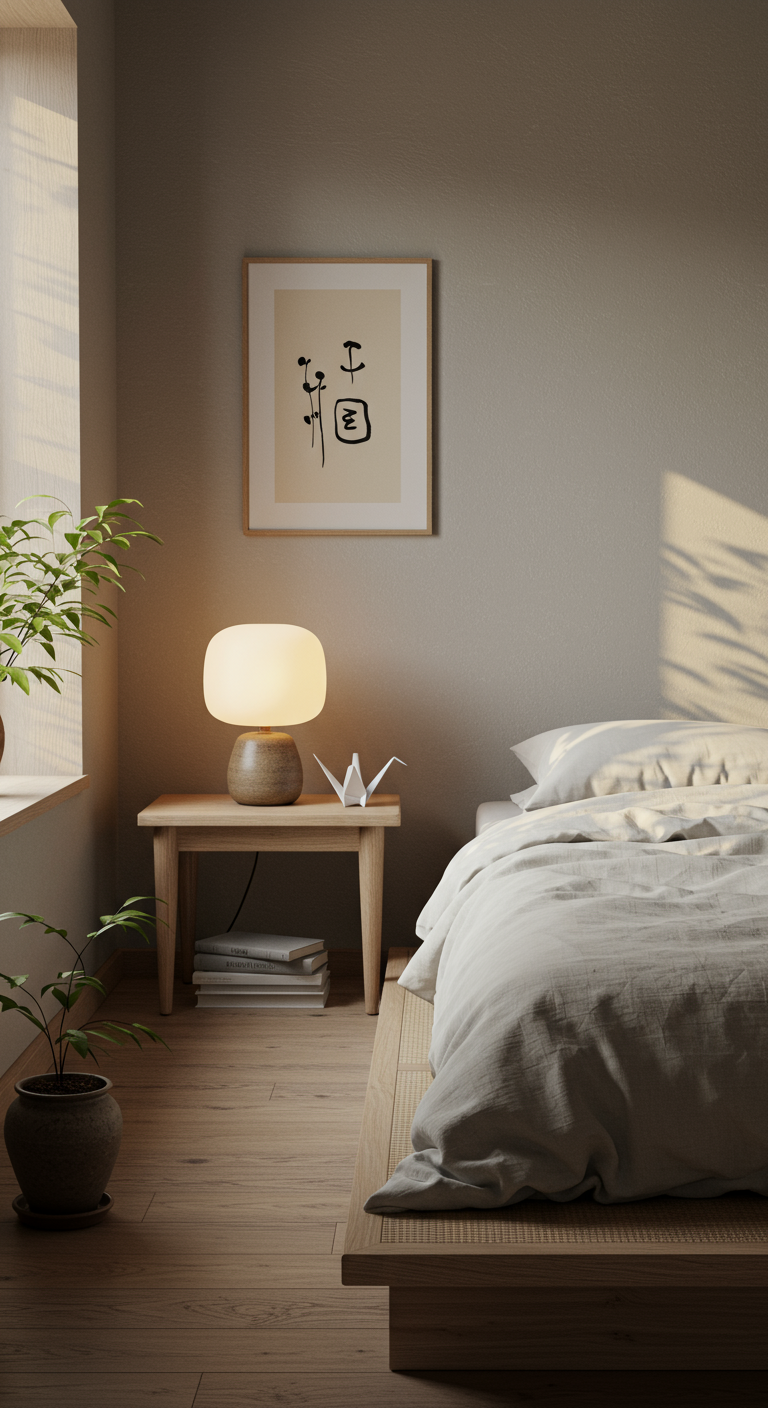Essentialist Japandi Bedroom Concepts - A highly detailed, photorealistic image of an essentialist Japandi bedroom. The room features a low platform bed with a simple white linen duvet and two square pillows. A small, light wood nightstand holds a single ceramic lamp and a stack of three books. The walls are painted a soft, warm gray, and a single, minimalist painting hangs above the bed. An origami crane sits on the nightstand. A small potted plant rests on the floor near the window, which allows soft, natural light to filter into the room. Subtle imperfections, such as slight wrinkles in the bedding and minor scratches on the wooden furniture, add to the realistic feel.