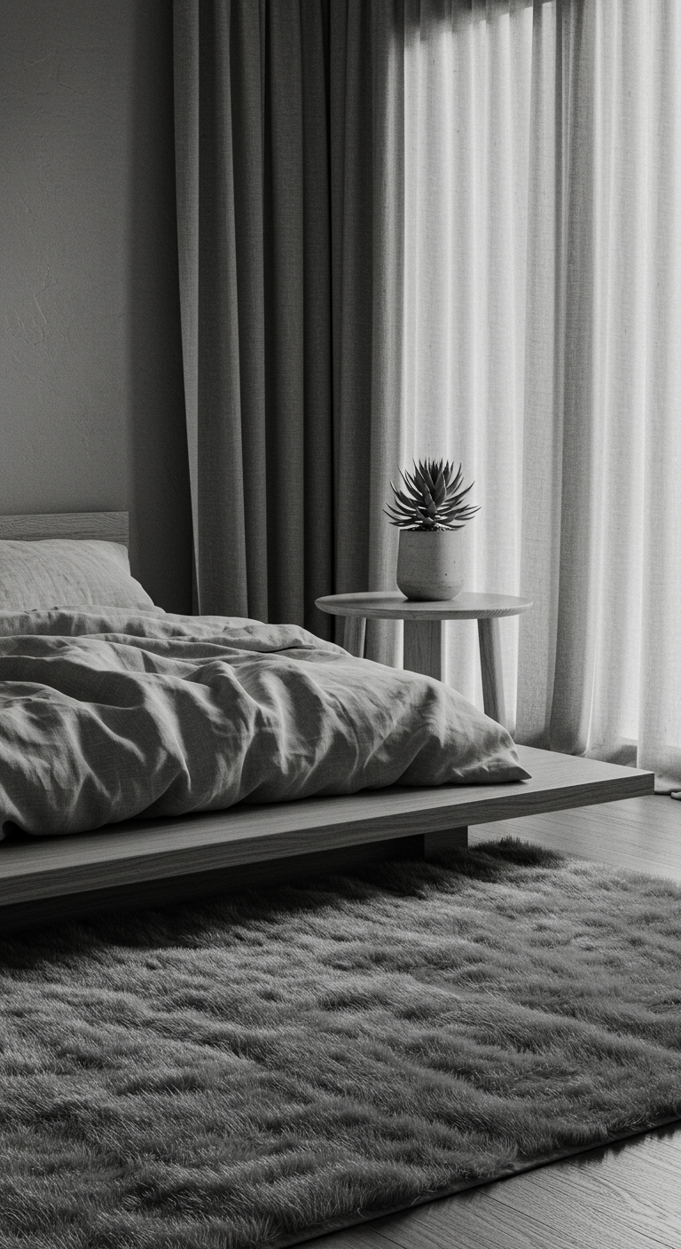 Monochrome Japandi Bedroom Schemes - Highly detailed, photorealistic image of a monochrome Japandi bedroom interior, primarily in shades of gray. The room features a low platform bed with textured linen bedding, a smooth wooden nightstand with a small, imperfectly potted succulent, and sheer linen curtains filtering soft light. A fluffy wool rug lies on the floor, subtly creased, with a slight imperfection near the corner.