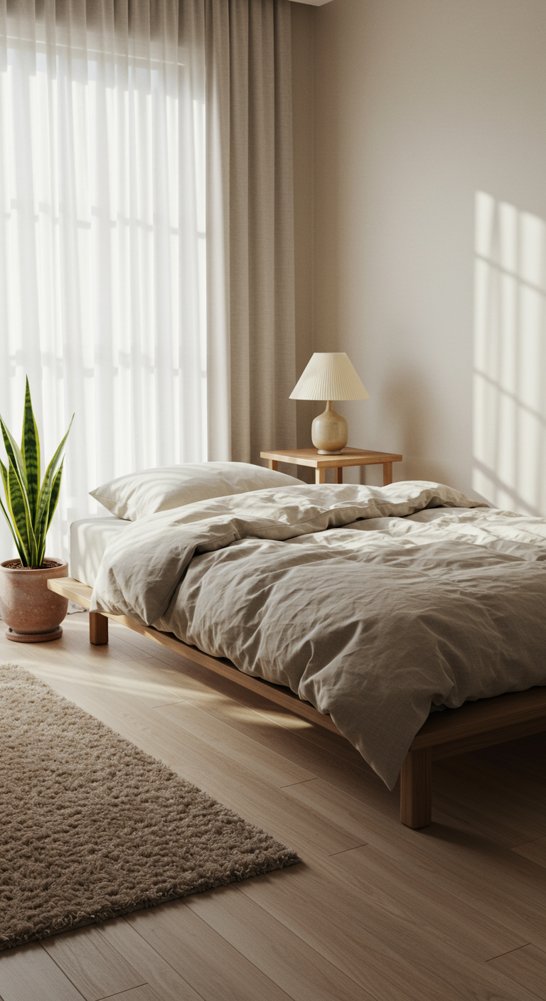 Calming Japandi Bedroom Designs - A Japandi bedroom featuring a low platform bed with a light linen duvet cover, set against a pale beige wall. Natural light streams through sheer curtains, illuminating a minimalist wooden nightstand with a small ceramic lamp. A potted snake plant sits in the corner, and a textured wool rug partially covers the light hardwood floor. Subtle imperfections like slightly wrinkled bedding and a faint scratch on the nightstand add to the realistic, lived-in feel.