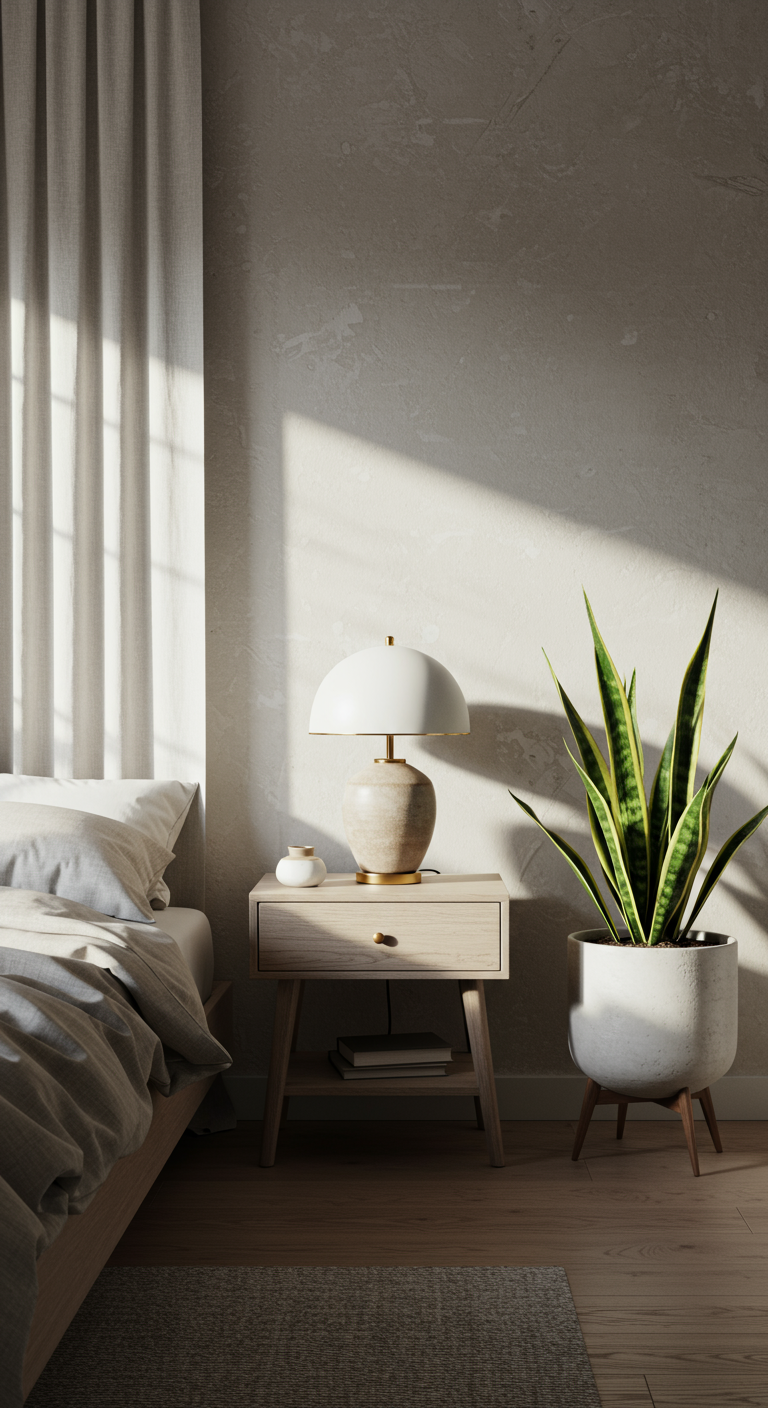 Japandi Wellness Bedrooms - Highly detailed, realistic photograph of a Japandi wellness bedroom. Soft, neutral color palette of whites, grays, and light browns. Low platform bed with a linen duvet, minimalist nightstand with a ceramic lamp, and potted snake plant. Natural light streaming through sheer curtains, casting subtle shadows, with slight imperfections in the wall texture visible.