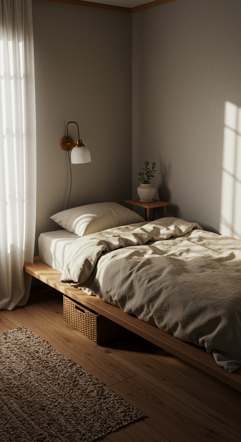 Japandi in Small Bedrooms - A small, realistically rendered Japandi bedroom featuring a low platform bed with a linen duvet cover, subtly wrinkled. Light streams in through a sheer curtain, illuminating a minimalist bedside table with a small ceramic lamp and a single potted succulent. Walls are painted a soft, warm gray, with a woven basket peeking out from under the bed for storage; a slightly uneven, hand-knotted wool rug lies partially under the bed.