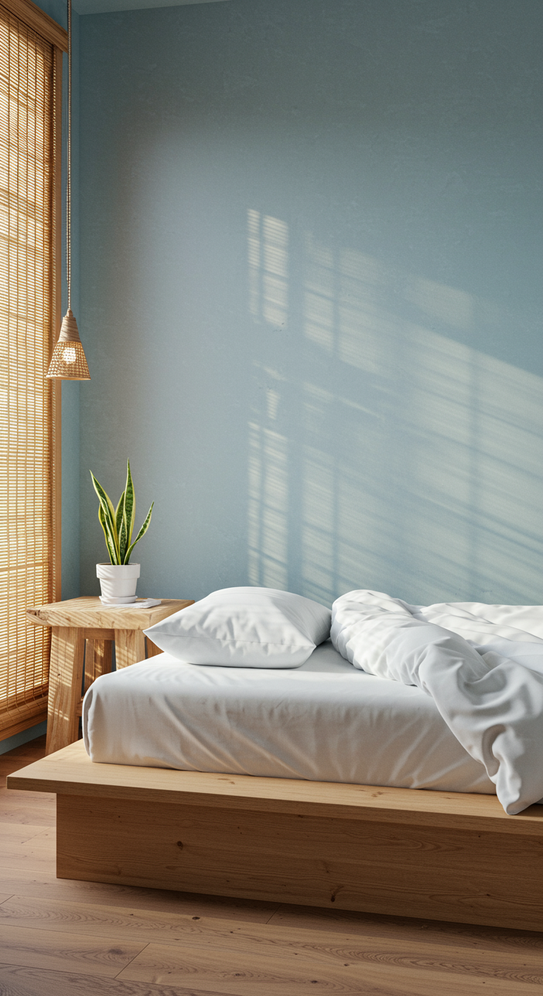 Japandi for Deep Sleep - A serene Japandi bedroom designed for deep sleep, featuring a low platform bed with a light wood frame and crisp white cotton sheets. Soft, natural light filters through bamboo blinds, illuminating a minimalist space with pale blue walls and a single, small snake plant on a bedside table made of unfinished wood. Subtle imperfections, such as slightly uneven plaster on the walls and a few wrinkles in the bedding, add to the room's calming, realistic atmosphere, free of clutter and distractions.