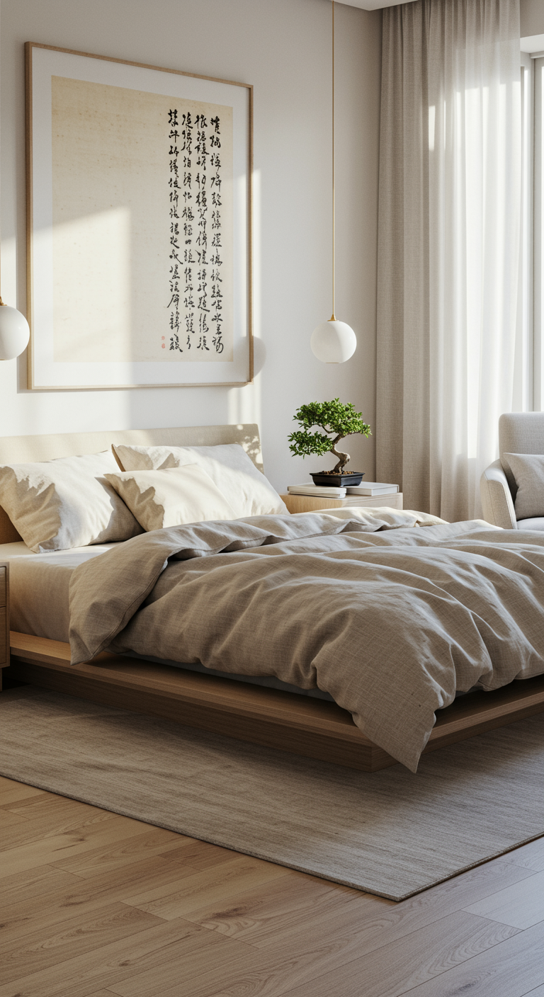 Balanced Japandi Bedrooms - A spacious, sunlit bedroom featuring a low platform bed with a light-colored, linen duvet and several fluffy, textured pillows in neutral tones. The bed is flanked by light wood nightstands, one with a simple ceramic lamp and the other with a stack of books and a small bonsai tree. A large, framed piece of minimalist Japanese calligraphy art hangs above the bed, slightly off-center. The room has light hardwood floors with a subtly textured, off-white rug partially visible under the bed, and a single, comfortable armchair in a light gray fabric sits near a window with sheer curtains, allowing soft, diffused light to fill the space. A small imperfection is visible: a slight scuff mark on the hardwood floor near the bed.