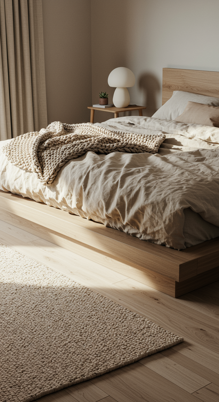 Creative Japandi Bedrooms - A highly detailed, realistic photograph of a Creative Japandi bedroom. The room features a low platform bed with textured linen bedding in neutral tones, accented by a chunky knit throw blanket. A unique, hand-knotted wool rug with subtle geometric patterns lies on the light-toned hardwood floor. Natural light streams through a large window, illuminating a minimalist bedside table adorned with a ceramic lamp and a single, artfully arranged succulent. Imperfections such as slightly wrinkled bedding and a faint scratch on the wooden floor add to the realistic, lived-in feel.
