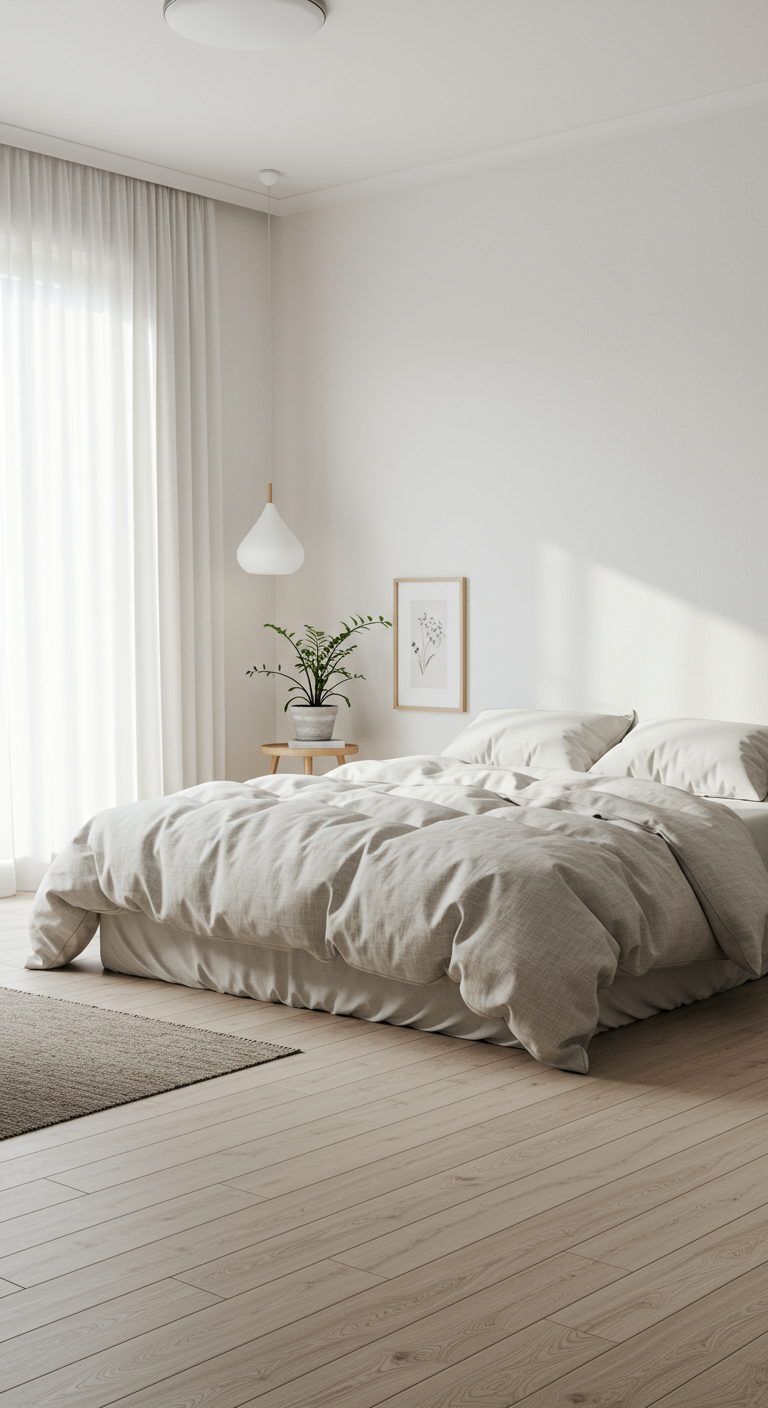 Dreamy Japandi Bedrooms - A serene and minimalist Japandi bedroom bathed in soft, natural light. The color palette consists of whites, creams, and light grays, creating an airy and spacious atmosphere. Natural materials such as light wood flooring, a linen duvet, and cotton curtains are prominent, with a few carefully selected decorations like a potted plant and a simple framed artwork. Subtle imperfections, such as slight wrinkles in the bedding and minor variations in the wood grain, add to the realistic and natural feel of the room.