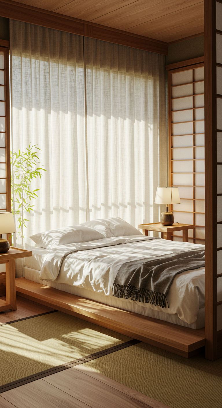 Zen Retreat Japandi Bedrooms - Zen Retreat Japandi bedroom interior, bathed in soft natural light filtering through sheer linen curtains. A low platform bed is centrally located, dressed in crisp white linen bedding with a subtly textured throw blanket in a muted gray. Tatami mats partially cover the light wood flooring, leading to a minimalist bedside table crafted from unfinished wood, holding a single ceramic lamp with a warm, diffused glow. A shoji screen stands partially open, revealing a glimpse of a bamboo plant in a simple earthenware pot, with dust particles floating in the sunbeams.