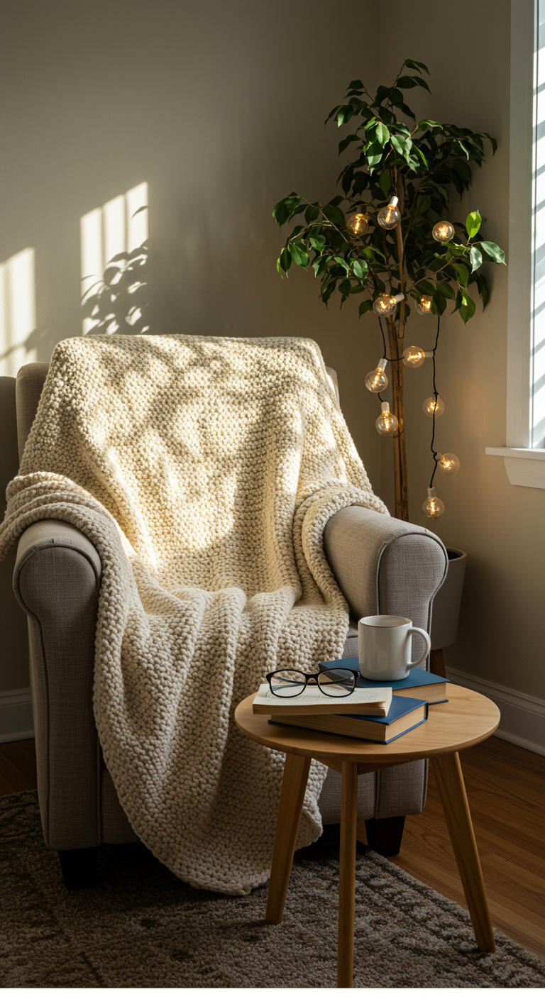 Cozy Peace Nook - A sun-drenched living room corner transformed into a "Cozy Peace Nook". Soft, cream-colored knitted blanket draped over a plush, oversized armchair. A small, round wooden table sits nearby, holding a stack of well-worn books, a steaming mug, and a pair of reading glasses slightly askew. A tall, leafy potted plant stands to the side, its leaves casting gentle shadows on the wall, with a string of fairy lights loosely hung around the plant, some bulbs slightly dimmer than others.