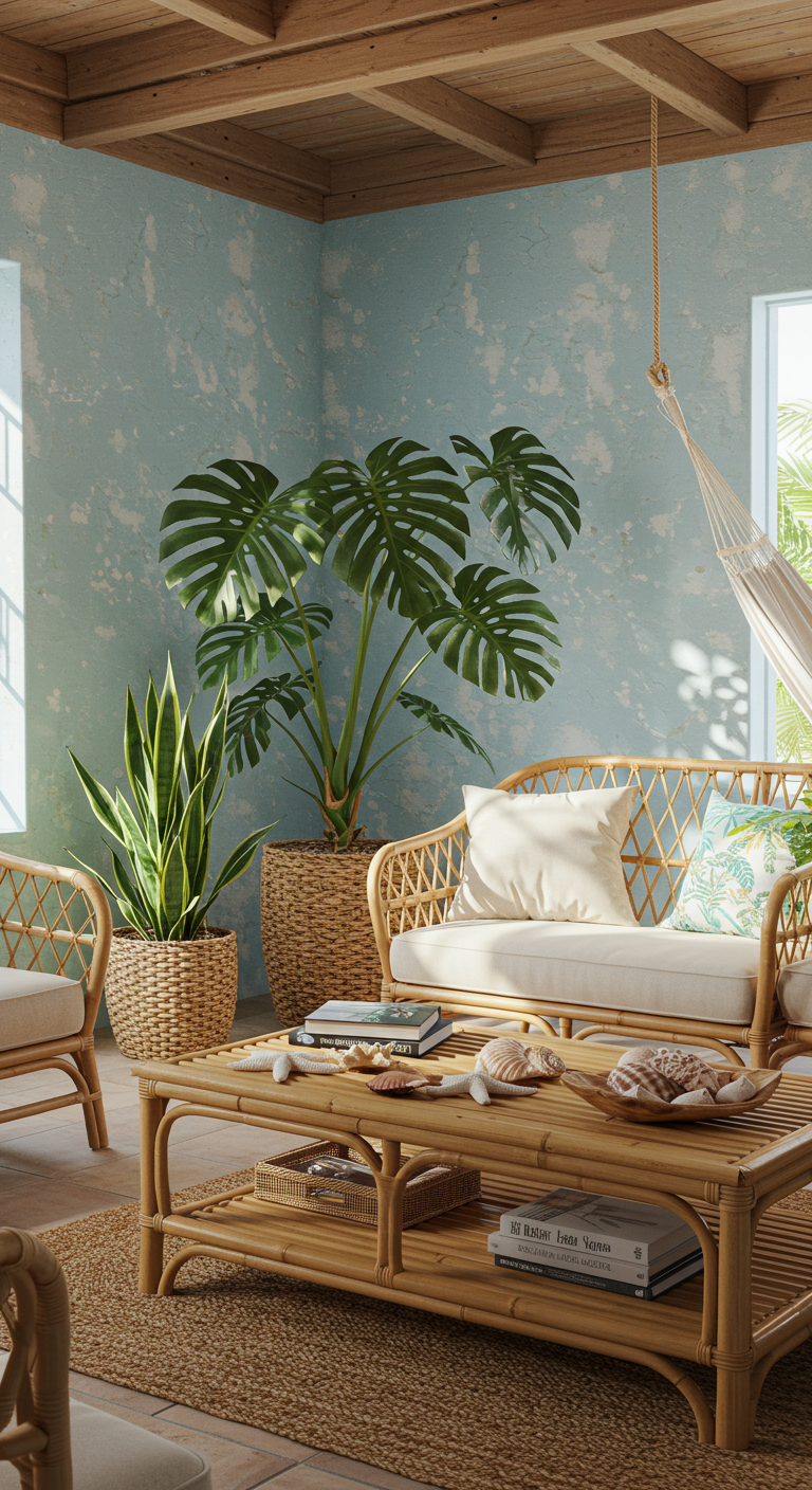 Tropical Peace Haven - A sun-drenched living room designed as a tropical peace haven, featuring light blue walls with subtle imperfections and sandy brown accents. Lush greenery abounds, including a large monstera plant with slightly dusty leaves, a thriving snake plant in a woven basket, and a small potted palm. Rattan furniture is arranged around a natural fiber rug, with a comfortable hammock gently swaying near a window. Seashells, starfish, and a piece of driftwood are sparsely arranged on a bamboo coffee table, creating a serene and uncluttered space.