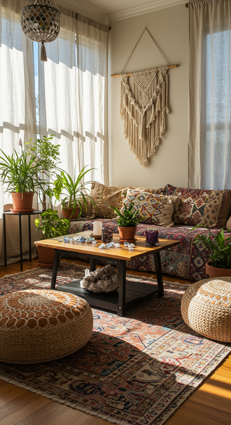 Bohemian Zen Lounge - A sun-drenched Bohemian Zen Lounge interior. Low coffee table with scattered crystals, surrounded by patterned floor cushions and overflowing potted plants. Macrame wall hanging with slight imperfections, natural light filtering through sheer linen curtains, casting soft shadows on the hardwood floor. A worn, vintage rug with faded colors anchors the space, creating a lived-in, comfortable atmosphere.