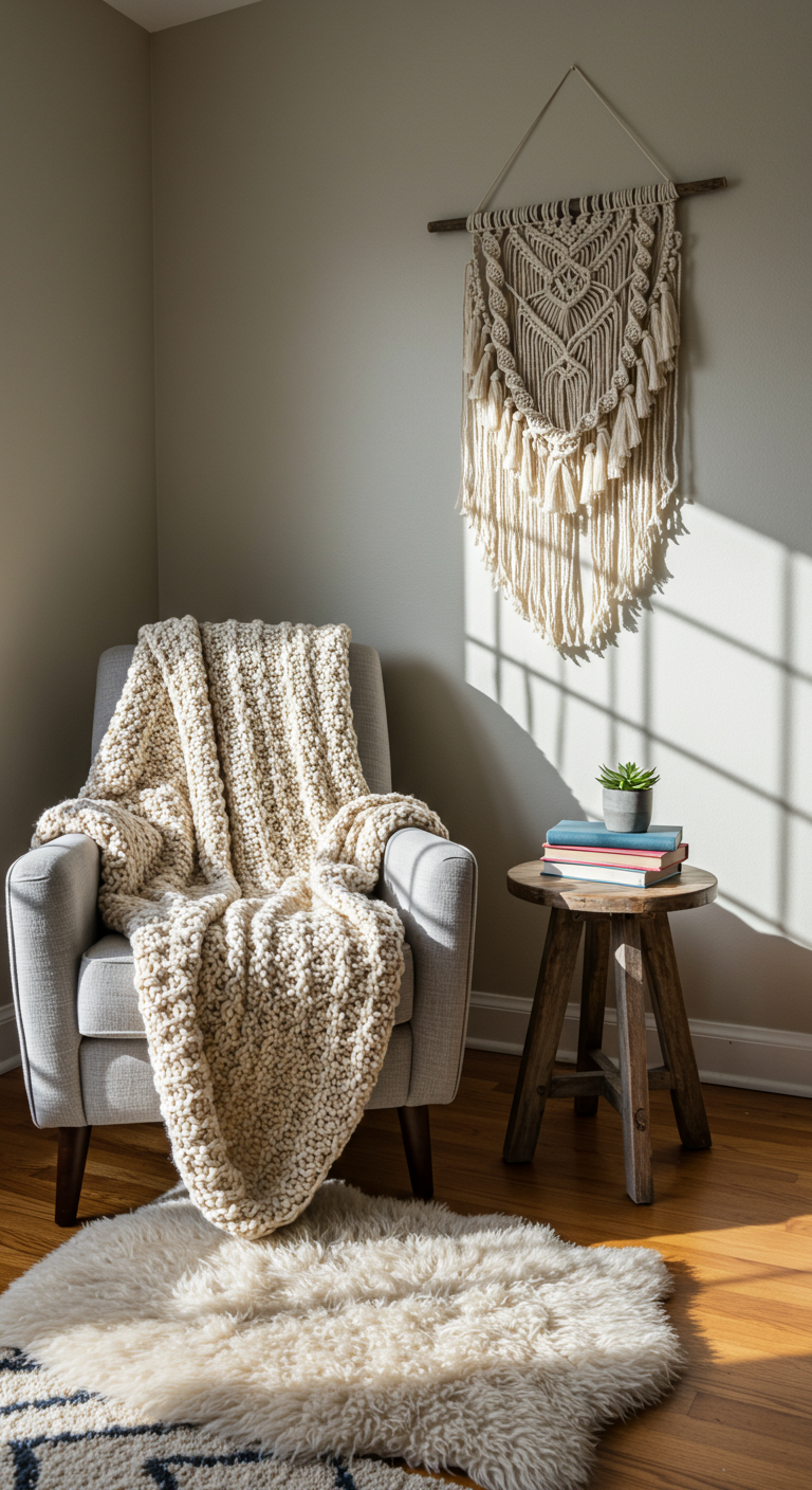 Textured Peace Zone - A sun-drenched zen living room corner featuring a comfortable armchair draped with a chunky knit throw blanket. A soft, faux sheepskin rug sits beneath a weathered wooden side table holding a stack of books and a small succulent. The wall behind the chair is adorned with a textured macrame wall hanging, casting subtle shadows, with a few imperfections in the weave for a natural look.