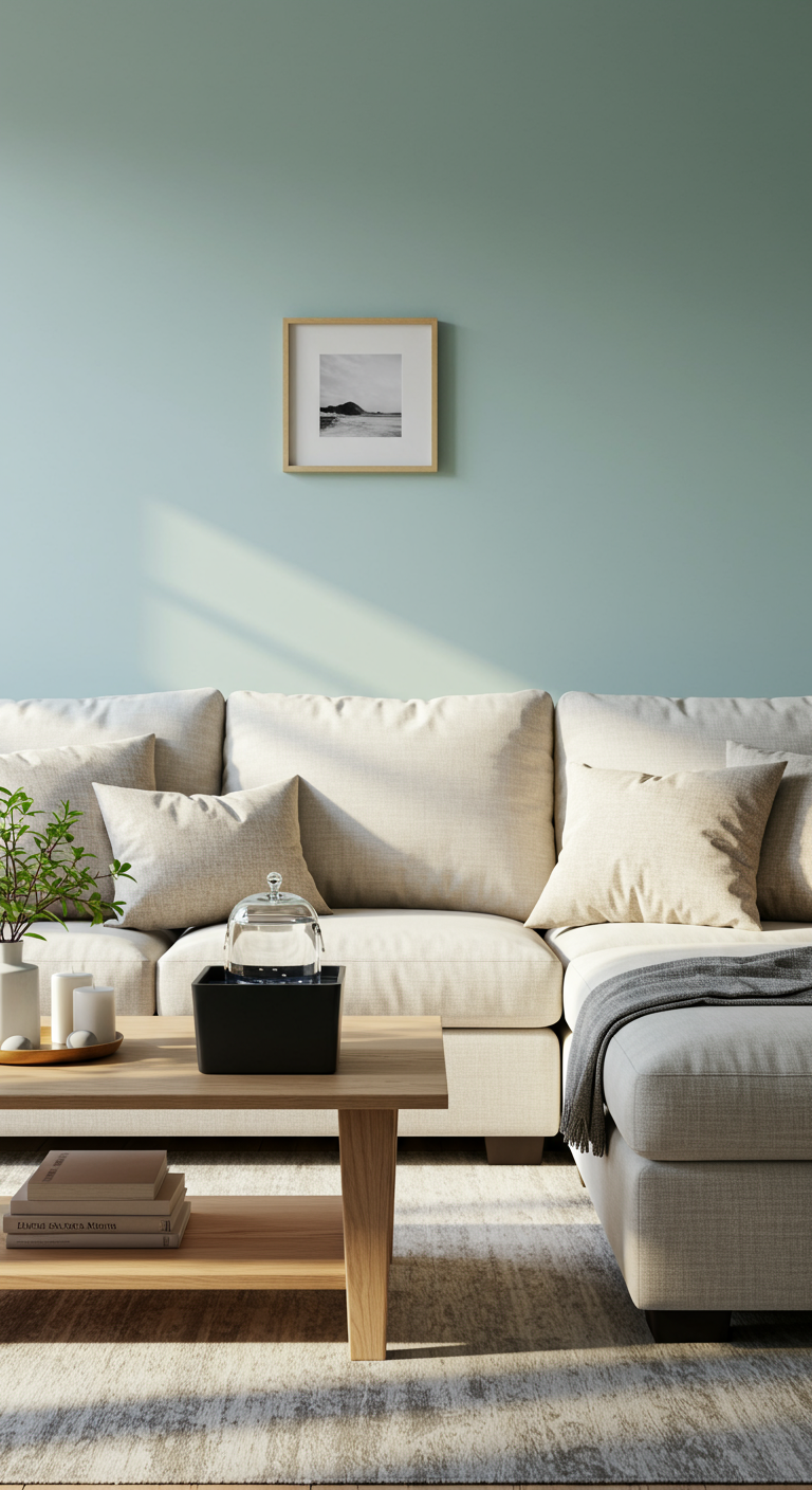 Blissful Room Ideas - A sun-drenched living room with soft blue walls and light green accents, featuring a plush, off-white sectional sofa adorned with linen throw pillows. A small, modern water fountain sits on a natural wood coffee table, surrounded by subtly scented candles and a stack of neatly arranged books. The room is uncluttered, with a few carefully chosen decorative items, and a slightly crooked picture frame hangs on the wall, adding a touch of realism to the serene atmosphere.