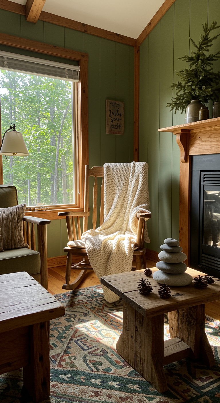 Rustic Peace Zone - A sun-drenched corner of a living room transformed into a rustic peace zone, featuring a worn wooden rocking chair with a hand-knitted cream-colored blanket draped over the back. A small, rough-hewn coffee table sits nearby, adorned with a stack of smooth, grey river stones and a scattering of pinecones. Earthy tones dominate the scene, with brown, green, and cream hues present in the furniture, textiles, and natural elements, with slightly chipped paint on the wooden chair.