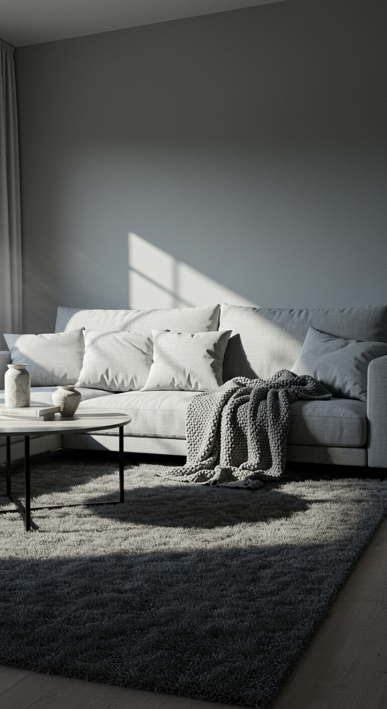 Monochrome Serenity - Hyperrealistic photograph of a modern living room bathed in various shades of gray. Soft light streams through a large window, illuminating a plush, light gray sofa adorned with textured cushions and a knitted throw blanket in slightly darker tones. The walls are painted in a matte, cool gray, contrasting subtly with a deeper gray, shaggy rug. A minimalist coffee table sits in the center, showcasing a single, imperfect ceramic vase. Subtle imperfections, like a slightly uneven wall texture and a faint dust mote in the air, enhance the realism.