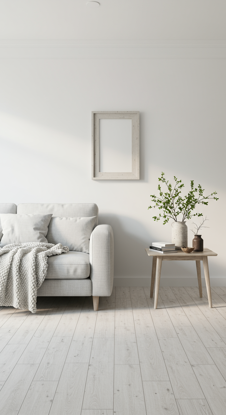 Scandinavian Zen Style - A bright and airy Scandinavian Zen living room with white walls, light wood flooring, and minimal decor. A comfortable light gray sofa is adorned with a few textured cushions and a simple wool blanket. Natural light streams through a large window, illuminating a small wooden coffee table with a single ceramic vase holding a few green branches. A subtle imperfection on the wall, like a slightly misaligned frame, adds a touch of realism.