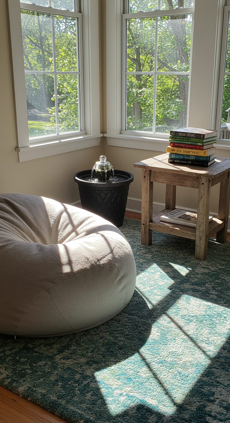 Calm Zone Redefined - A sun-drenched living room corner transformed into a personal calm zone. A plush, oversized beanbag chair sits atop a soft, textured rug in shades of muted blue and green. A small, tabletop water fountain gently trickles nearby, reflecting dappled sunlight, while a stack of well-loved books rests on a weathered wooden side table, one slightly askew.