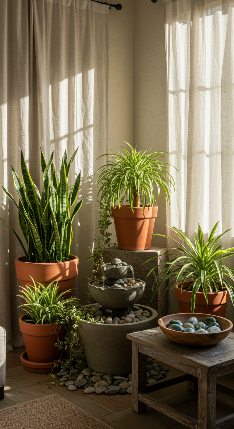 Earthy Serenity Space - A sun-drenched living room corner transformed into an indoor garden. Lush snake plants and overflowing spider plants sit in terracotta pots of varying sizes, clustered around a small, tiered water fountain with smooth stones lining its base. Light streams through sheer linen curtains, illuminating dust motes dancing in the air, while casting soft shadows on the textured cream-colored walls. A hand-carved wooden bowl filled with polished river stones rests on a nearby weathered side table, completing the earthy, serene scene.