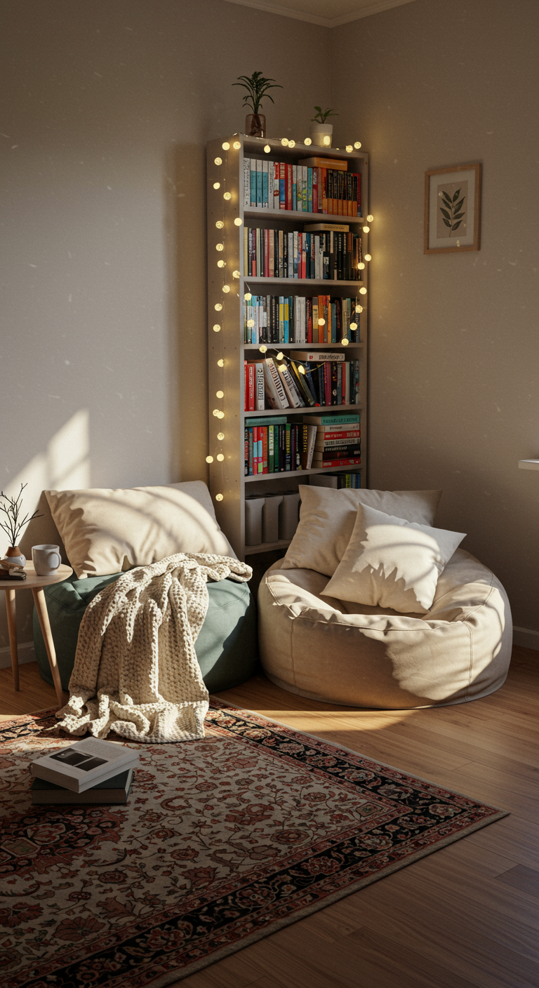 Dream Peace Spot - A cozy, sunlit corner of a living room transformed into a personal "Dream Peace Spot." A large, plush beanbag chair sits nestled beside a floor-to-ceiling bookshelf overflowing with well-loved paperbacks. Soft, cream-colored blankets are casually draped over the chair, accompanied by an array of differently sized pillows in muted pastel colors. A string of delicate fairy lights is artfully woven through the bookshelf, casting a warm, inviting glow. A small, round wooden table holds a steaming mug and a half-read book, hinting at a recent moment of relaxation. Minor imperfections, like a slightly worn rug and a few stray threads on the blanket, add to the realistic, lived-in feel of the space.