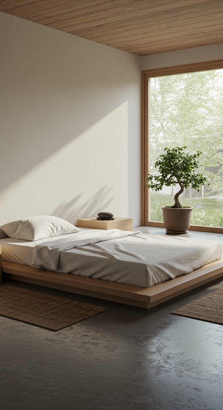 Minimalist Zen Room - A minimalist Zen room bathed in soft, natural light, featuring a low platform bed with crisp white linen sheets and a single, perfectly plumped pillow. The room is sparsely furnished with a small, smooth river stone on a light wood nightstand, and a single potted bonsai tree sits near a large window overlooking a tranquil garden. Bare, polished concrete floors show subtle imperfections, and a slightly crooked woven rug lies centered in the room, adding a touch of warmth.
