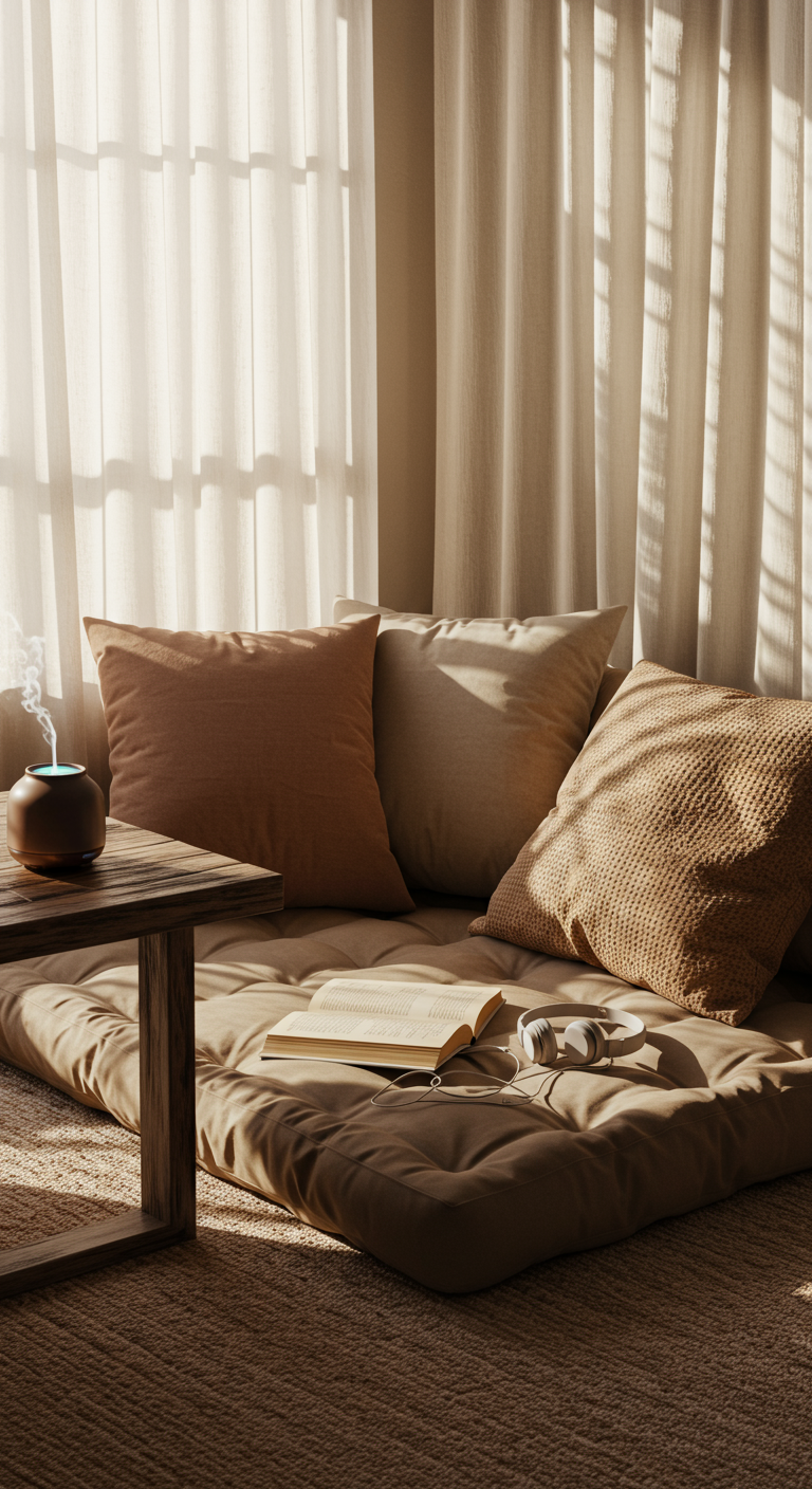 Chill Room Experience - A sun-drenched corner of a living room transformed into a chill zone. Soft, diffused light filters through sheer curtains onto a plush, oversized floor cushion scattered with textured throw pillows in muted earth tones. A low, reclaimed wood coffee table holds a small, bubbling water fountain and a ceramic essential oil diffuser emitting a faint vapor. An open book lies face down on the cushion, next to a pair of wireless headphones, suggesting a moment of interrupted relaxation.