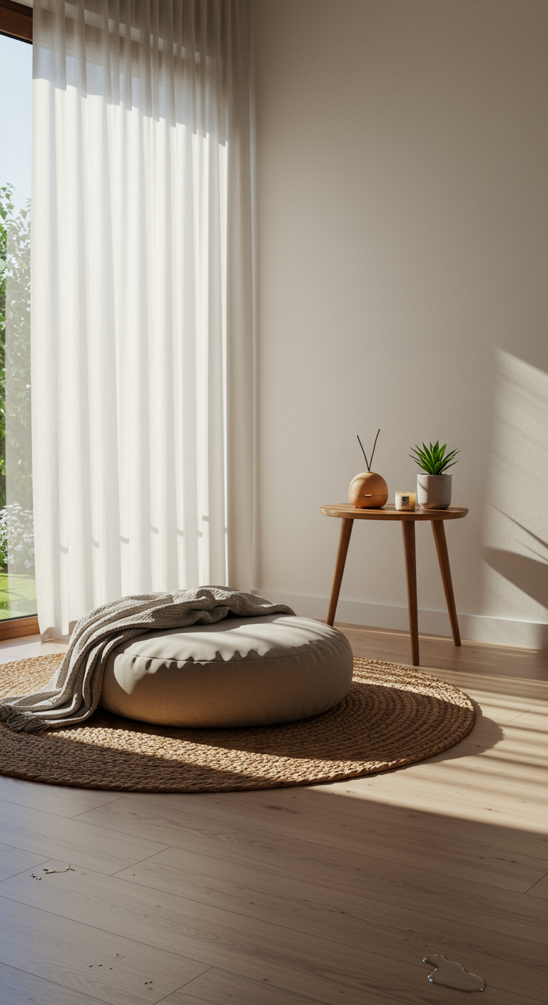 Meditation-Focused Room - A serene, sunlit meditation room with a plush, round cushion centered on a woven jute rug. Soft, sheer curtains filter the light through a large window overlooking a tranquil garden, casting gentle shadows on the smooth, off-white walls. A small, wooden side table holds a lit candle, an essential oil diffuser emitting a subtle mist, and a single, green potted succulent. The room is sparsely decorated, free of clutter, with a neatly folded blanket draped over the back of the cushion, creating a sense of calm and order. A slight imperfection is visible: a small, barely noticeable water stain on the lower corner of the wall, adding to the room's lived-in feel.