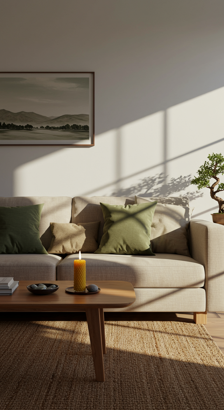 The Way to Harmony - A sun-drenched zen living room featuring a beige linen sofa adorned with three subtly textured throw pillows in varying shades of green and brown. A low, smooth-grained wooden coffee table displays a trio of carefully arranged items: a small ceramic bowl holding polished stones, a single lit beeswax candle with a slightly uneven burn, and a miniature bonsai tree with meticulously pruned branches. The walls are painted a calming off-white, with a single, minimalist landscape painting hung slightly off-center. Soft, natural light streams through a large window, casting gentle shadows and revealing the subtle imperfections in the hand-woven jute rug.