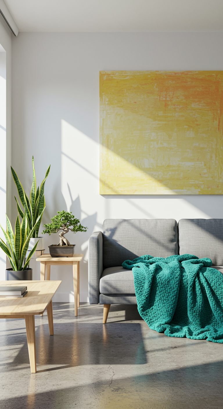 Vibrant Zen Room - A sunlit, minimalist living room featuring a comfortable gray sofa adorned with a vibrant, textured turquoise throw blanket. Lush green snake plants and a small bonsai tree sit on a light wood coffee table, casting subtle shadows on the polished concrete floor. A large, abstract painting with muted yellow and orange tones hangs on the white wall, slightly off-center, with a barely noticeable smudge near the lower corner.