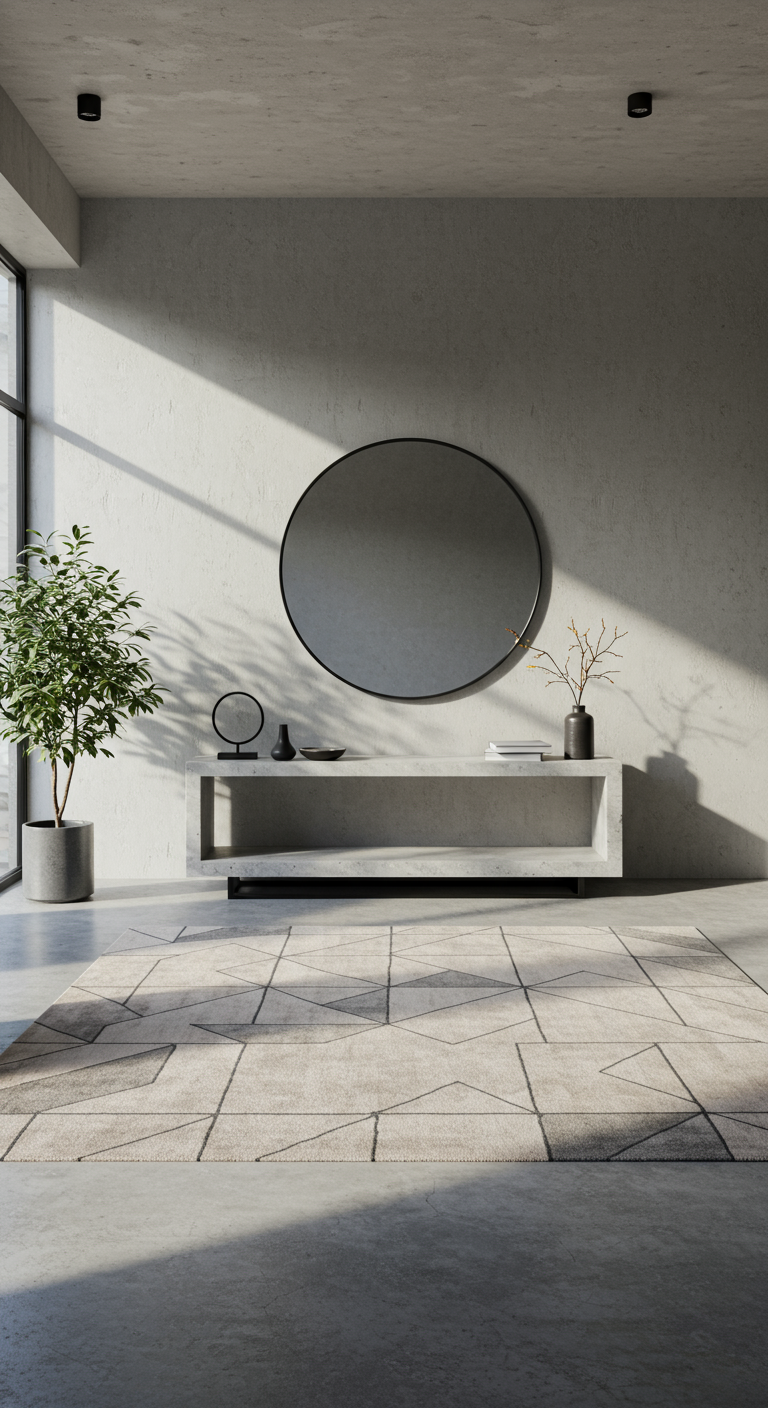 Geometric Zen Room - A minimalist living room featuring a large circular mirror above a low, rectangular console table. Geometric patterned rug with interlocking squares and triangles on a polished concrete floor. Natural light streams through a large window, casting soft shadows and revealing subtle imperfections on the light gray walls. A single, asymmetrical plant adds a touch of organic contrast to the structured space.