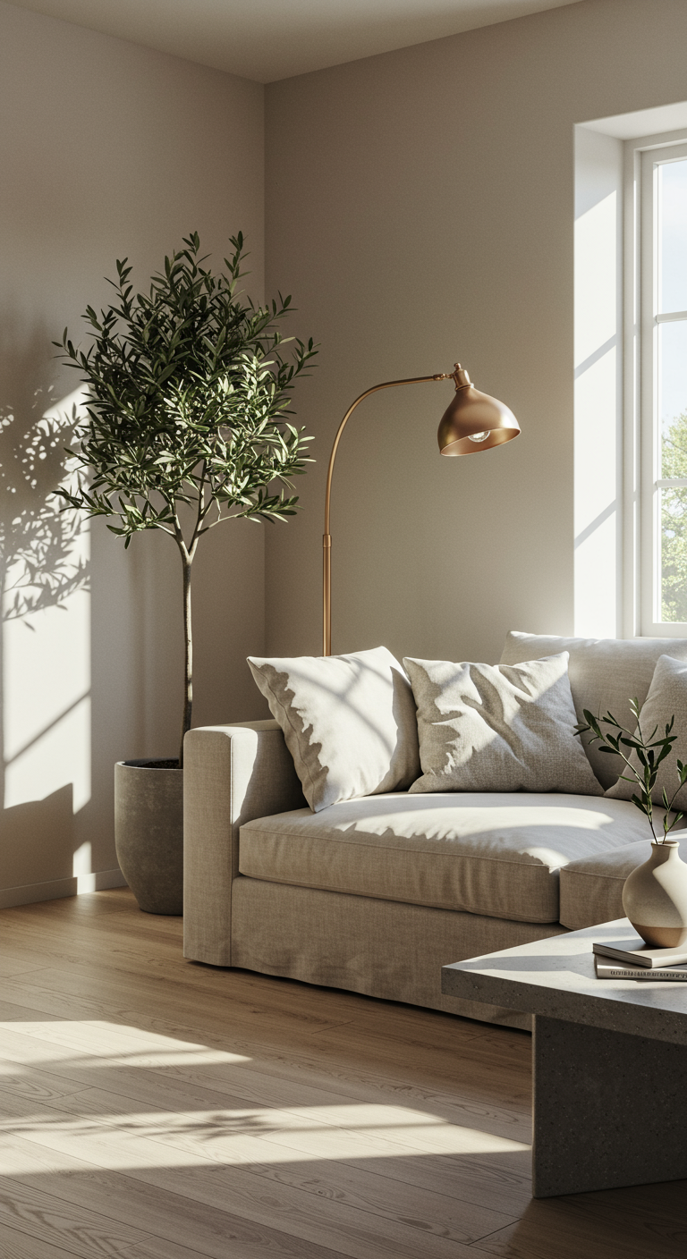 Elegance meets Inner Peace - A sun-drenched, minimalist living room featuring a low, off-white linen sofa adorned with textured cushions in varying shades of gray and beige. A single, vibrant green potted olive tree stands near a large window, casting soft shadows on the light oak floor. A sleek, brushed-metal floor lamp illuminates a polished concrete coffee table holding a single, hand-thrown ceramic vase.