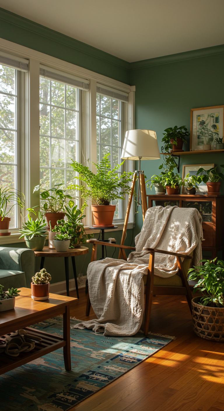 Nature-Inspired Peace - A sun-drenched living room with earthy tones, dominated by greens, browns, and blues. A comfortable wooden chair is draped with a soft, slightly wrinkled cotton blanket. Various plants, including small succulents and a larger potted fern, are scattered throughout the room. Natural light streams in through large windows, illuminating dust motes dancing in the air, while soft, warm lamplight complements the natural illumination.