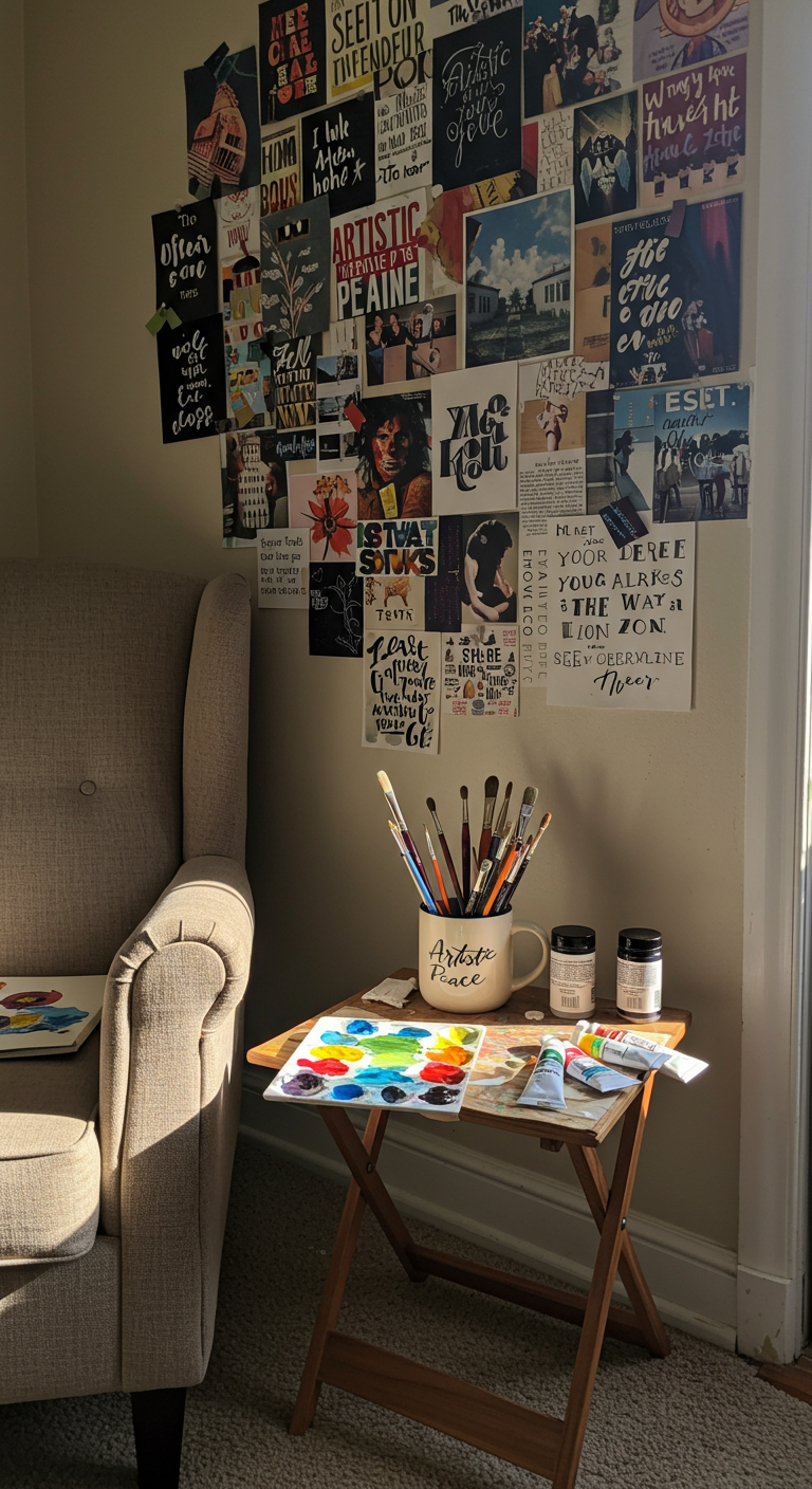 Artistic Peace Zone - A sun-drenched living room corner transformed into an "Artistic Peace Zone". A comfortable, slightly worn armchair sits next to a small, wooden table cluttered with art supplies: paintbrushes in a ceramic mug, a half-finished watercolor painting, a palette with dabs of vibrant colors, and a few tubes of acrylic paint with their caps askew. The wall behind the table features a collage of inspiring images and hand-lettered quotes, some slightly crooked and faded, creating a personalized and inviting creative space.