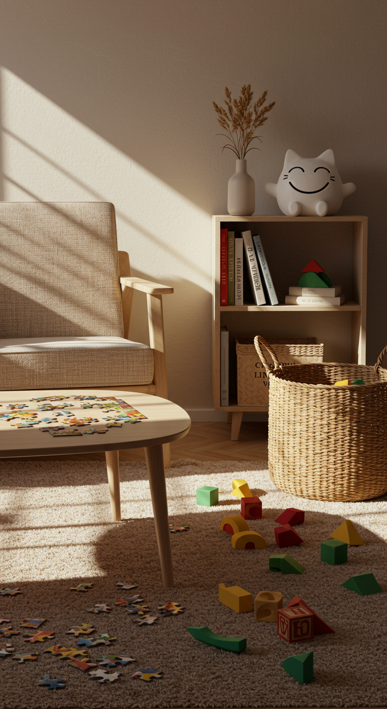 Playful Peace Space - A sunlit, minimalist living room with a neutral color palette. A low, sleek coffee table displays a partially completed jigsaw puzzle with vibrant colors. A woven basket sits beside a comfortable armchair, overflowing with colorful wooden building blocks scattered slightly on the soft rug. A whimsical, slightly crooked ceramic figurine of a smiling cat sits on a bookshelf, adding a touch of humor to the serene space.