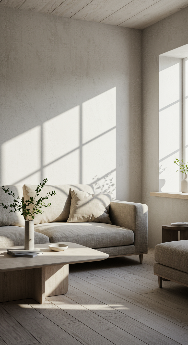 Sleek Zen Interior - A highly detailed, photorealistic interior of a sleek Zen living room. The color palette consists of neutral tones: whites, grays, and beiges. Sunlight streams through a large window, illuminating a simple, comfortable couch made of natural linen. A minimalist coffee table crafted from light wood sits in front of the couch, adorned with a single, perfectly placed ceramic vase holding a few sprigs of greenery. Subtle imperfections are visible in the texture of the walls, and the wooden floor has a slightly worn finish.
